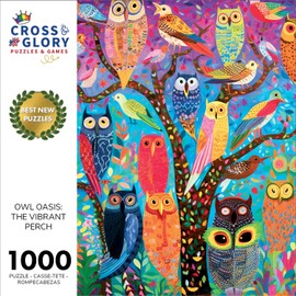Cross & Glory - Owl Oasis: The Vibrant Perch - 1000 Piece Jigsaw Puzzle for Adults | Whimsical Owl & Garden Collage | Satin Finish