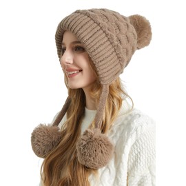 KEOYA Women’s Warm Plush Hats Slouchy Knit Hat Winter Windproof Cap Plaid Thick Beanie with Drawstring for Snow Ski Warmer Khaki M