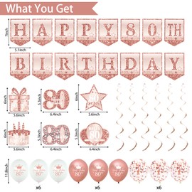 Trgowaul 80th Birthday Decorations for Women, 30pcs Rose Gold Happy Birthday Party Supplies, 80th Crown and Sash, Banner, Hanging Swirl Flag, Balloons, 80 Year Old Party Decoration Set