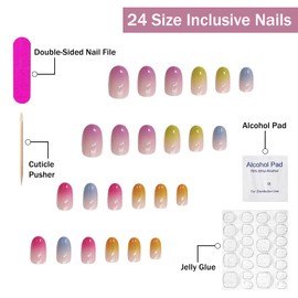 Press on Nails Short Almond SWEKKE French Fake Nails Colorful Obrem False Nails with Designs Full Cover Glossy Glue on Nails Stick on Nails Acrylic Nails Artifiical Nails for Women Girls 24Pcs