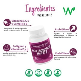 Pre  Probioticos Mujeres 10 Billones UFC  Prebioticos Hidratación Salud de la Piel Salud Digestiva  180 Capsulas  Vitaminas Complejo B Colágeno...    