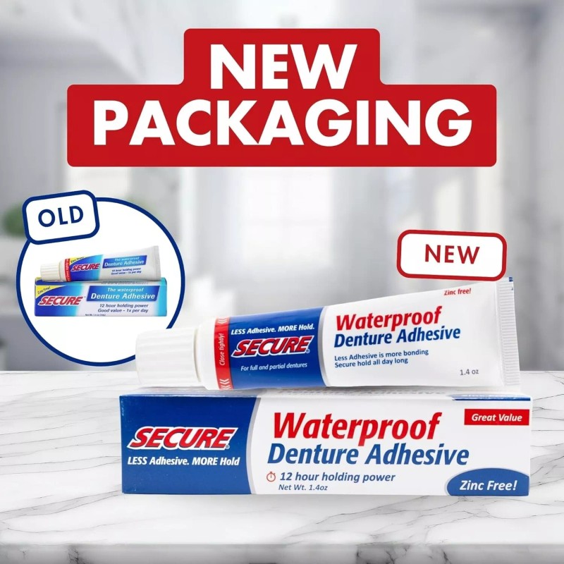 Secure waterproof denture adhesive - zinc free - extra strong