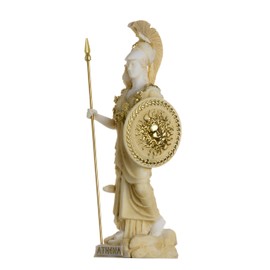 Athena With Owl Medusa Shield Greek Goddess Alabaster Statue Gold 6.69"