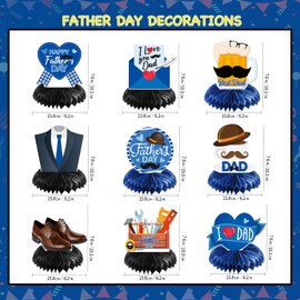 9 Pieces Father's Day Decorations Honeycomb Centerpiece Double Sided Printing Blue Table Centerpieces for Father's Family Birthday Party Decor, Happy Fathers Day Party Supplies