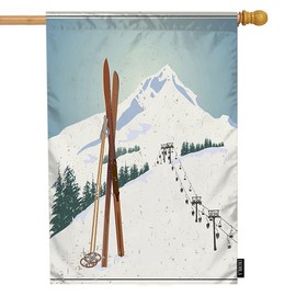 EKOBLA Retro Poster Decorative House Flag Wooden Old Fashioned Skis Poles Snowy Mountains Hiking Double Sided House Flags for Outdoor Park Farmhouse Decor Cotton Linen 28 x 40 Inch
