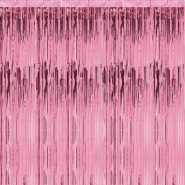 Party Backdrop Foil Fringe Curtain 9ft (3pc of 3ft Wide) 6ft Long Shiny Birthday Party Decoration Door Streamers Photo Backdrop Backround Garland (Pink)