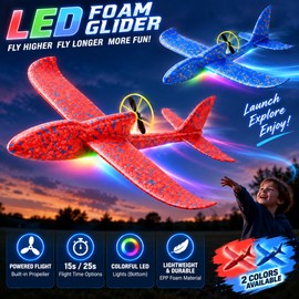 Electric Airplane Glider 2 Pack, Red & Blue – LED Light & Propeller-Assisted Flight for Outdoor Hand-Launch Fun