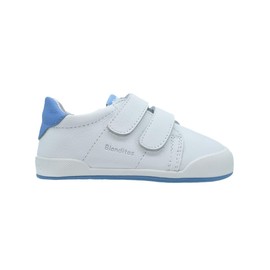 GEORGIE BOY Tenis para Bebé BLANDITOS de Piel. Primeros Pasos, Calzado Respetuoso (Blanco-Azul, Sistema Tallas Calzado JP, Niño (0-5 años), Medición, 16.0 cm)