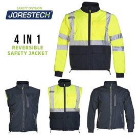 JORESTECH Safety 4 in 1 Windbreaker Reversible Gray Jacket Reflective High Visibility Yellow/Lime with Removable Sleeves ANSI Type R Class 3 JK-04 (XS)