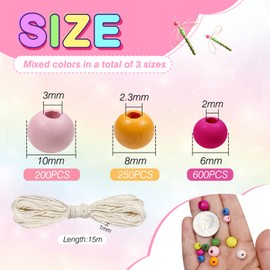 TOAOB 1050 Pieces Natural Round Colourful Wooden Beads Set 6 to 10 mm Mixed Size Round Wooden Beads Crafts with Hole for DIY Jewellery Making