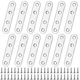 Mending Plates Flat Brackets, 12 Pcs Flat Plate Straight Brackets, Stainless Steel Flat Straight Brace Brackets, Straight Corner Fixing Bracket Joining Plates for Furniture Wood, with 48 Screws