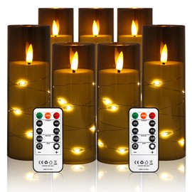 Flameless Candles Flickering LED Lights 7 PCS Battery Operated Candles with Remote & Timer, with Embedded Star String Lights for Home Decoration Wedding Festival Cafe Restaurant (Grey)