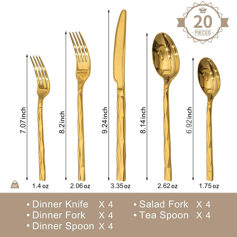 KINGSTONE Gold Silverware Set, Luxury 20 Piece Flatware Set for