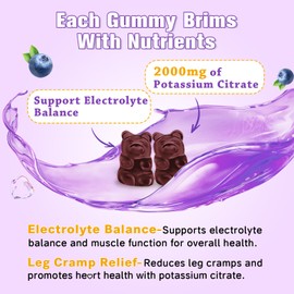 2 Pack Potassium Citrate Gummies, Potassium Supplement for Muscle Health, Leg Cramp Relief & Electrolyte Balance, Vegan, Non-GMO, Gluten-Free, Blueberry Flavor, 120 Count