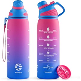 Fjbottle Water Bottle 1L/710 ml + Strainer - Sports Water Bottle with Time Marking / Magnetic Lid - BPA-Free Plastic Bottle for Fitness, School, Yoga, Outdoor