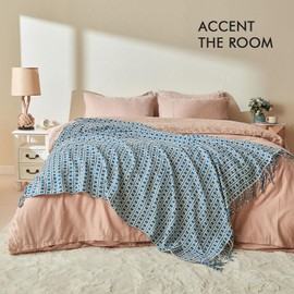 lifein Throw Blanket for Couch - Soft Boho Bed Throw Blanket, Knit Cozy Blanket, Cute Fluffy Lightweight Blankets&Throws for Sofa,Chair,Home Decor,Woman(50x60in,Blue)