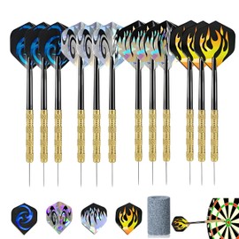 12 Pack Steel Tip Darts Set, Prefessional Metal Tip Darts with 1 Dart Sharpener 4 Color Premium Shafts, PET Flights for Beginner or Professional