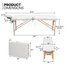 MoNiBloom Massage Table 2 Fold Portable Massage Table 82" Massage Bed Height Adjustable SPA Bed w/Carry Case Beechwood Frame Foldable Massage Table, White