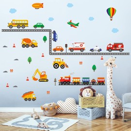 DECOWALL DS-8047 Construction Vehicles Road Wall Stickers Truck Excavator Cars Transportation Decals for Kids Boys Bedroom Nursery Playroom Living Room Art Decor Removable