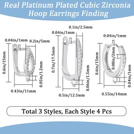 Beebeecraft 1 Box of 12 Leverback Earring Accessories, Platinum-Plated Cubic Zirconia, 3 Styles Drop/Horse Eye/Round Hoop Earrings with Hole for DIY