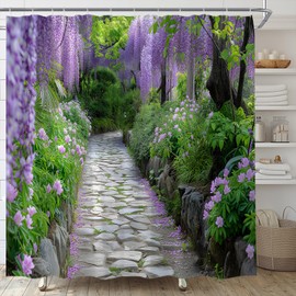KTGHA Purple Wisteria Flower Shower Curtain Spring Garden Park Nature Landscape Blossom Floral Vine Leaves Polyester Fabric Bathroom Decor Set with Hooks(70" WX70 H)