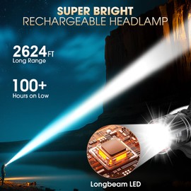 Super Bright LED Headlamp, High Lumen Rechargeable Head Lamp with Motion Sensor, 5 Modes, IPX5 Waterproof, 90° Adjustable, Zoomable Head Lights for Adults, Hard Hat, Outdoor, Camping