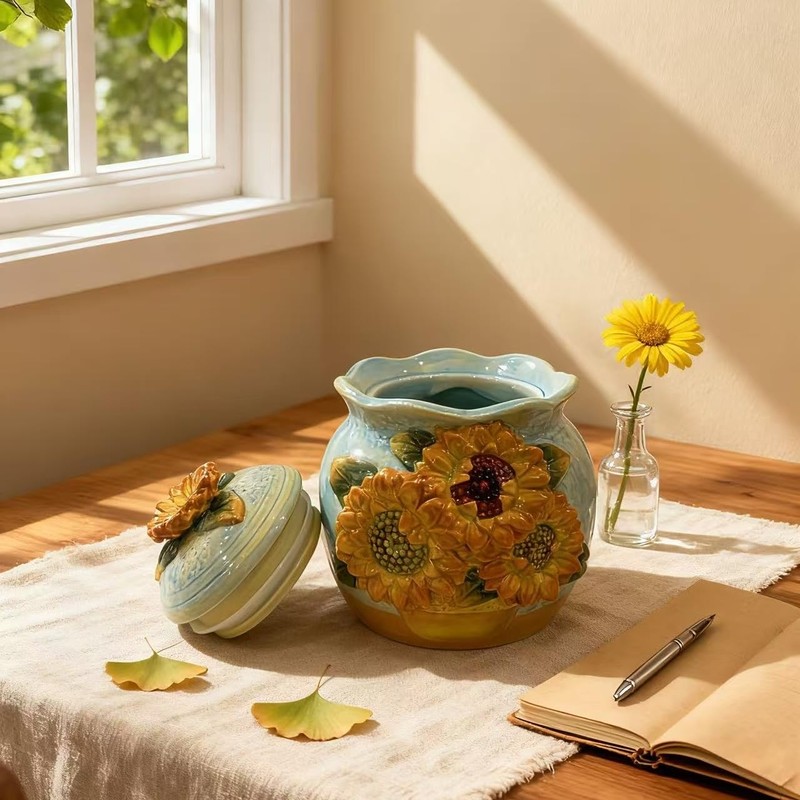 FORLONG Ceramic Hand-Painted Sunflower Sealed Jar,Food Storage Containers with Lids,