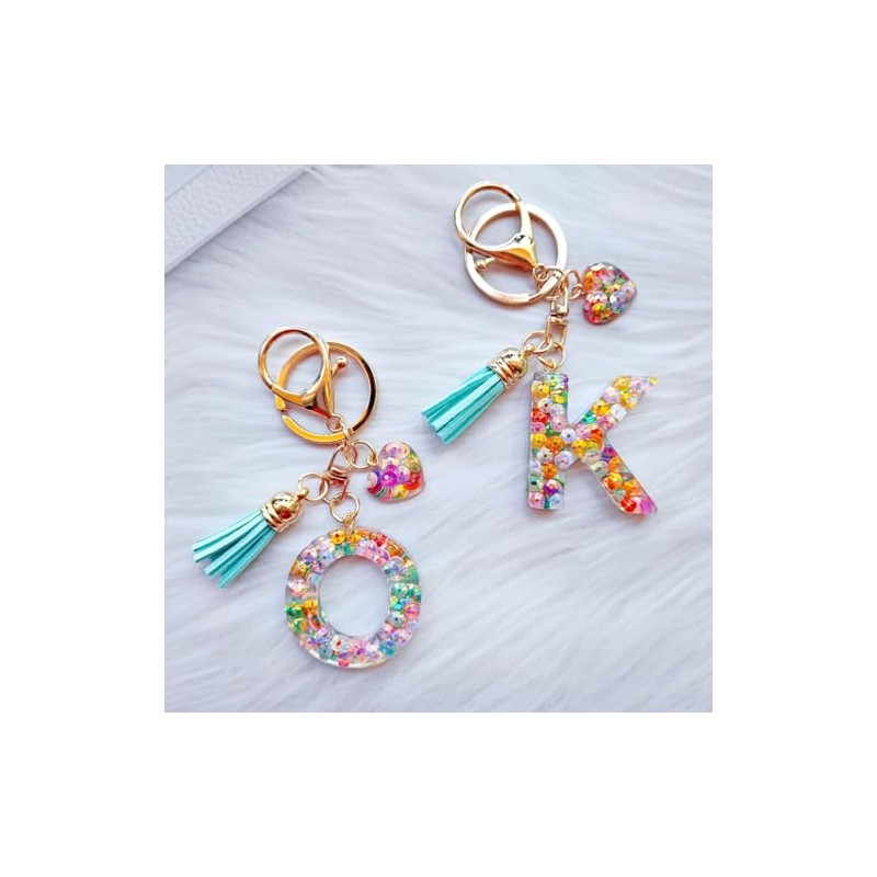 Colorful Initial Letter Keychains with Heart Charm and Tassel