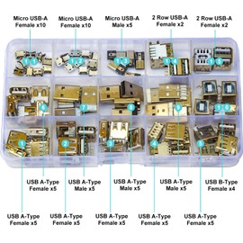 JTSINERU USB 2.0 Female Male PCB Mount Connector Assortment Kit, USB 2.0 Female Pin PCB Mount Socket Type A/B Male/Female Single/Dual Port USB Jack 4Pin 5Pin Micro USB Jack Socket (JTS-USB2.0)