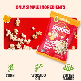 Poptime Movie Theater Butter Popcorn Snack Bags – Gourmet Flavored Popcorn Bags, Healthy Snack With Heart-Healthy Avocado Oil, Gluten Free, Vegan, Low Calorie, Non-GMO, Kosher - 4.75 oz - Pack 12