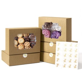 Shallive 50 Pcs Bakery Boxes 8-In with Windows, Cookie Boxes Brown for Chocolate Covered Strawberries, Treats, Donuts, Cupcakes, and Candy Gift Giving 8x6x2.5 Inch