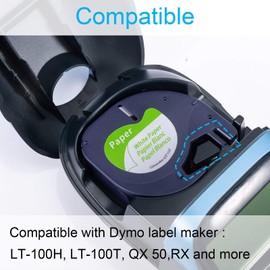 Compatible with Dymo Label Maker Refill dymo 12mm LetraTag Refills 91330 12mm Black on White Paper Label Maker Tape for DYMO LT-100H LT-100T Label Maker, 1/2 Inch x 13 Feet(12mm x 4m), 10 Pack