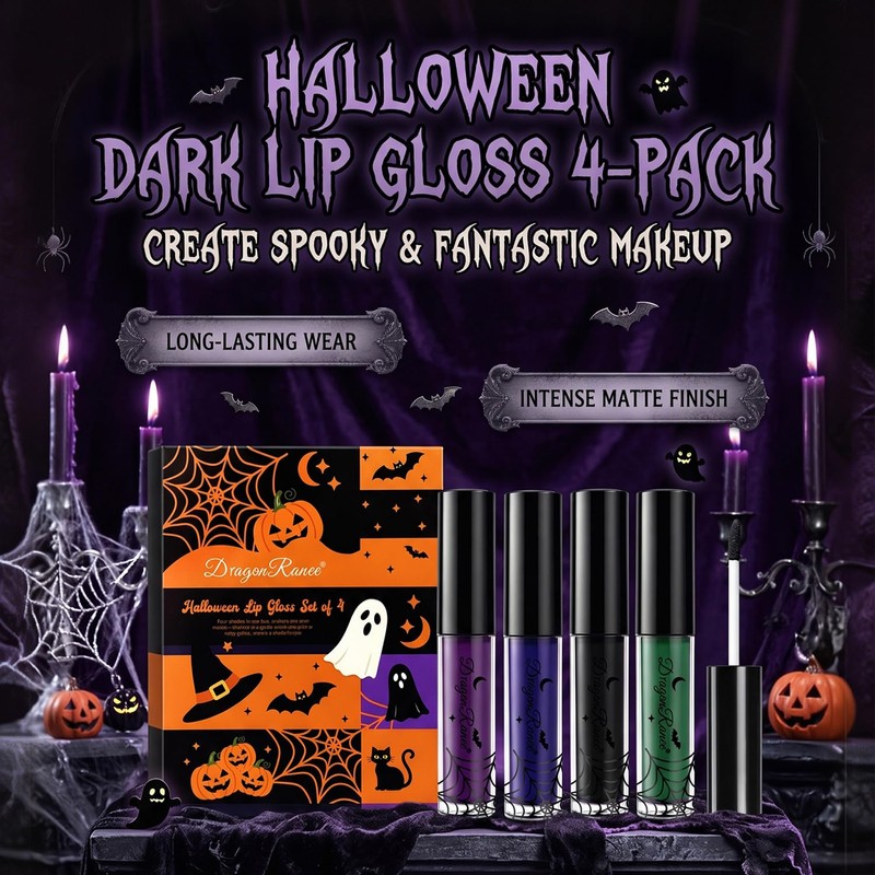 4PCS Halloween Matte Liquid Lipstick Set,Green Blue Black Lip Gloss