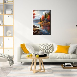 MEIYUDA Fall Diamond Painting Kits Lake,5D Diamond Art Painting Kits for Adults Beginners Maple,DIY Diamond Painting Kits for Adults Countryside Scenery Art Kits for Home Wall Decor Gift 12X16in