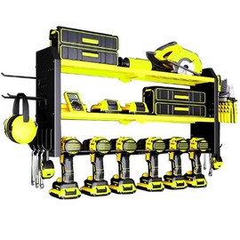 PLGP Power Tool Organizer with Charging Station and Magnetic Tool Holder Strip 8 Outlet Power Strip 8 Drill Holder Wall Mount Garage Tool Orgainzer Storage Rack with Screwdriver |Plier | Hammer Holder