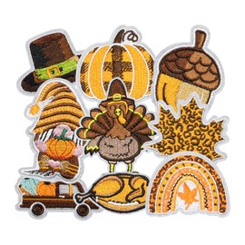 HEYTRCO 9PCS Thanksgiving Iron on Patches, Cute Turkey Pumpkin Gnome Hat Maple Acorn Embroidered Applique for Clothes, Custom Fall Holiday Patches for Hats, Jackets, Bags, Backpacks, Dress
