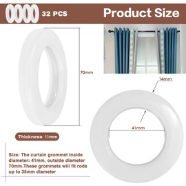 Kinsinder 32 Pcs Curtain Eyelet Rings, Curtain Grommets Round Plastic Rings Inner Diameter 40mm DIY Rings for Window Curtain Shower Curtain (White)
