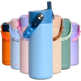 Elemental 100% Leak Proof Insulated Kids Water Bottle, Stainless Steel Water Bottle for School with Straw Lid & Stress Reliever Pop-It Handle, Travelling and Sports, 18oz - Ocean Tie Dye