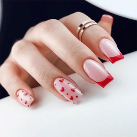 Valentine Press on Nails Medium Square Red Love Heart Fake Nails, French Tip Press on Nails Gel Acrylic Nails Glue Stick on Nail Tip Reusable Natural Fit Winter Holiday False Nails Kit 12Sizes 24PCS