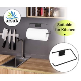ARSUK Paper Towel Kitchen Roll Tissue Holder Large Dispenser Rack Wall Mounted fits in a Cupboard or Under Cabinet Metal (Black)