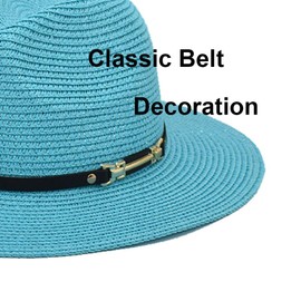Mens Classic Wide Brim Straw Panama Hat with Belt Buckle for Outdoor Beach Travel, Deep Blue