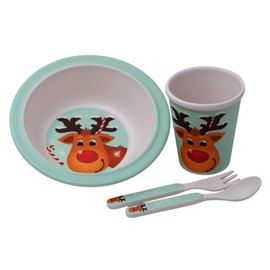 Kids Christmas Breakfast Set - Melamine 4 Pieces Bowl Cup Fork Spoon - Reindeer