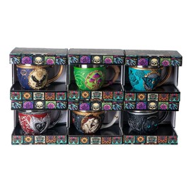 Ebros Gift Pack Of 6 Love Never Dies Wedding Skeletons Silver Heart Dragons Tarot Fortune Teller Palms Skull Moth Black Cat Pentagram And Mushrooms Tea Cup Mugs Set