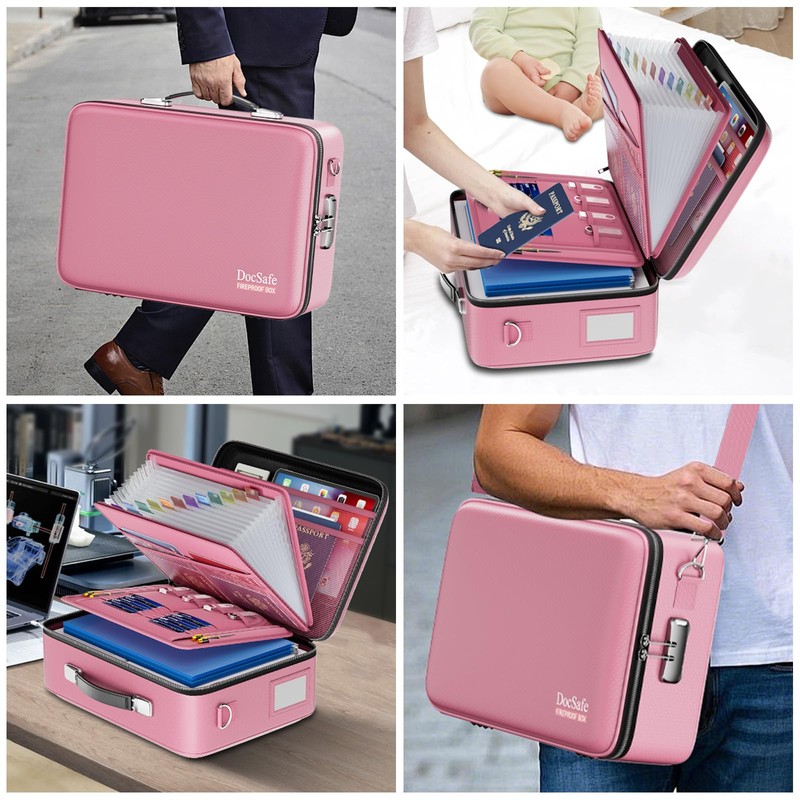 DocSafe Fireproof Document Box with Lock＆Shoulder Strap,Hard Case File Organizer