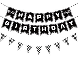MEETINGU Black and White Checkered Flags and Race Car Happy Birthday Banner, Racing Checkered Flag Banner Race Car Birthday Party Decorations for Kids Boys Birthday Baby Shower Home Decorations