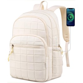 kadilong Laptop Backpack for Women College Travel,Quilted Daypack Bookbag for School Teen Girls Mochilas Mujer,Beige