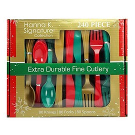 Nicole Fantini Plastic Silverware Heavyweight Combo, Disposable Flatware Red/Green/Gold Cutlery 240 pieces 80 of each Forks, Knives, Spoons