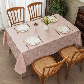 Romanstile Jacquard Rectangle Tablecloth, Waterproof Elegant Damask Rose Floral Pattern Table Cloth, Washable Decorative Polyester Table Cover for Kitchen/Dining/Parties - Pink, 60 x 84 Inch