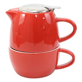Ebros Gift Colorful Contemporary Ceramic Stackable Teapot Set Single Tea Pot 20OZ With Matching Mug Stainless Steel Infuser And Lid As Kitchen Dining Home Decor Novelty Teapots Sets (Glossy Red)