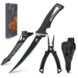 KastKing 7-inch Fishing Pliers and Filet Knife with Molded Sheath, 420 Stainless Steel Fishing Pliers, G4116 Corrosion Resistant Fillet Knife, 7'' Split Ring Plier and 7'' Fillet Knife, Black